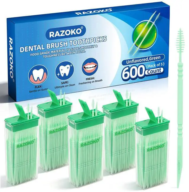 Main image of Interdental Plastic Toothpicks,Total 600CT(5 Packs),Unflavored,Green | Disposable Oral Pick,Food-Grade Interdental Brush with Portable Case for Travel & Home