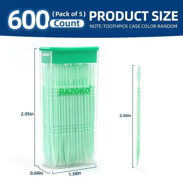 Alt view image 2 of 7 - Interdental Plastic Toothpicks,Total 600CT(5 Packs),Unflavored,Green | Disposable Oral Pick,Food-Grade Interdental Brush with Portable Case for Travel & Home