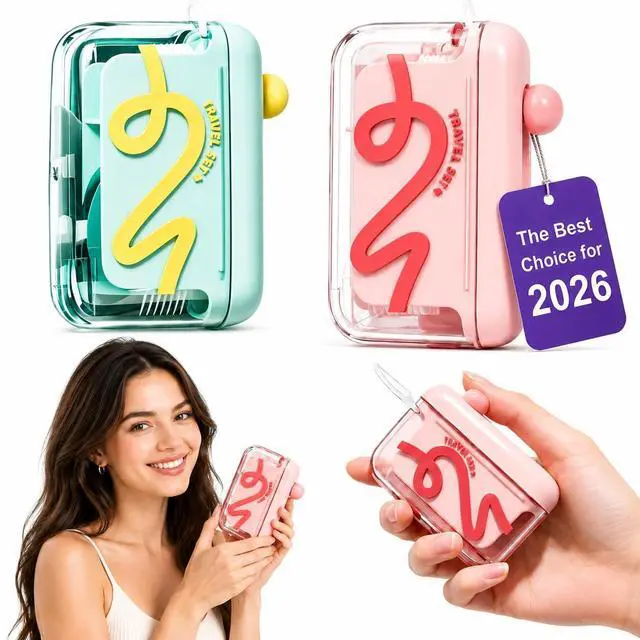 Main image of Floss Pick Dispenser Automatic Pop-Up Refillable Dental Floss Holder Portable Travel Storage Case for Tooth Picks Mini Floss Container for Purse Pocket Bathroom 2 Pack Pink & Green