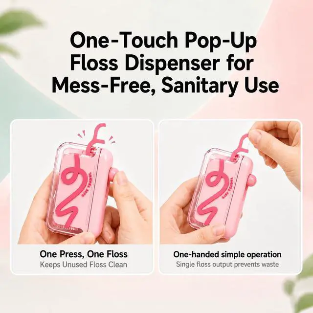 Alt view image 2 of 7 - Floss Pick Dispenser Automatic Pop-Up Refillable Dental Floss Holder Portable Travel Storage Case for Tooth Picks Mini Floss Container for Purse Pocket Bathroom 2 Pack Pink & Green