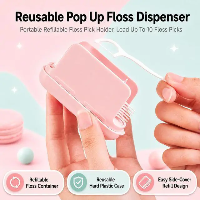 Alt view image 3 of 7 - Floss Pick Dispenser Automatic Pop-Up Refillable Dental Floss Holder Portable Travel Storage Case for Tooth Picks Mini Floss Container for Purse Pocket Bathroom 2 Pack Pink & Green