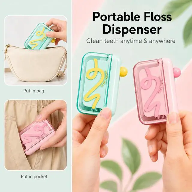 Alt view image 4 of 7 - Floss Pick Dispenser Automatic Pop-Up Refillable Dental Floss Holder Portable Travel Storage Case for Tooth Picks Mini Floss Container for Purse Pocket Bathroom 2 Pack Pink & Green