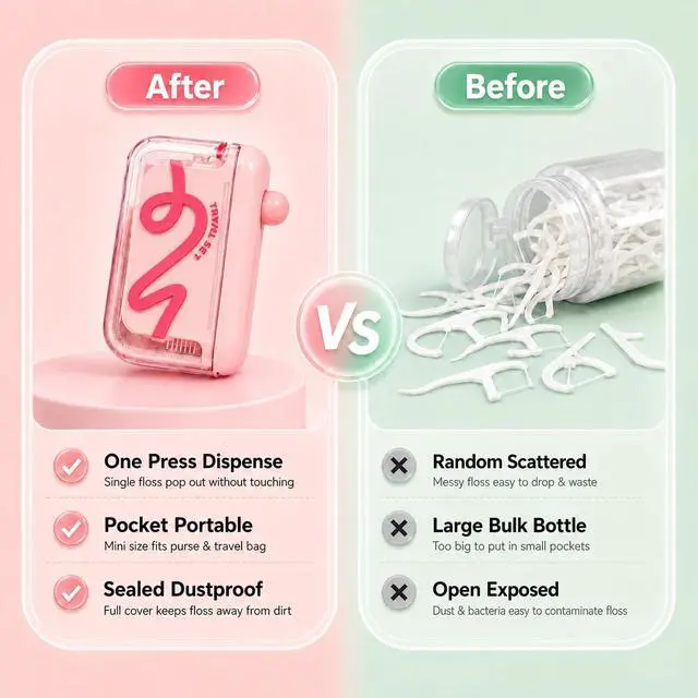 Alt view image 6 of 7 - Floss Pick Dispenser Automatic Pop-Up Refillable Dental Floss Holder Portable Travel Storage Case for Tooth Picks Mini Floss Container for Purse Pocket Bathroom 2 Pack Pink & Green
