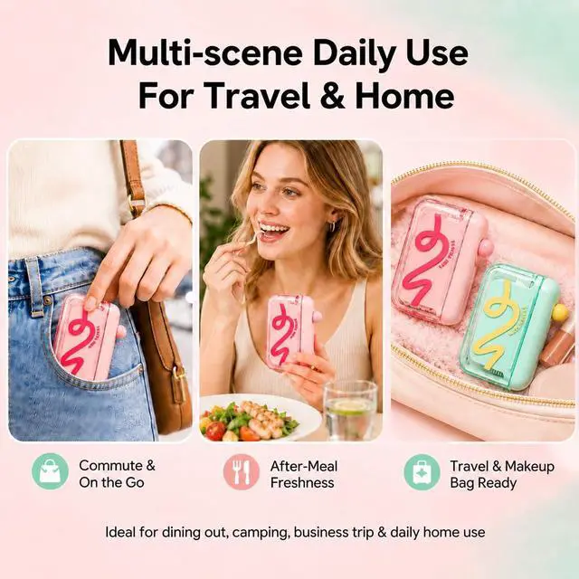 Alt view image 7 of 7 - Floss Pick Dispenser Automatic Pop-Up Refillable Dental Floss Holder Portable Travel Storage Case for Tooth Picks Mini Floss Container for Purse Pocket Bathroom 2 Pack Pink & Green