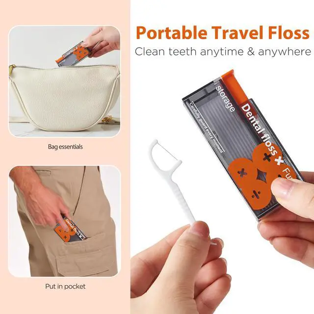 Alt view image 4 of 6 - Dental Floss Sticks for Aduts, Floss Pick Holder& Dispenser with Travel Case, 20 Count (2x10) Disposabe Flosser for Teeth Cleaning, Portable Floss Sick Kit (2 Pack Orange)
