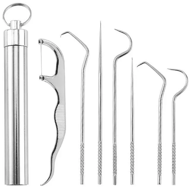 Main image of Dental Teeth Pick 7 Pack Stainless Steel Toothpick Kit Dental Tools Tooth Stains Remover Dental Floss Ficks Teeth Cleaning Tools with Holder for for Outdoor Picnic, Camping, Travel