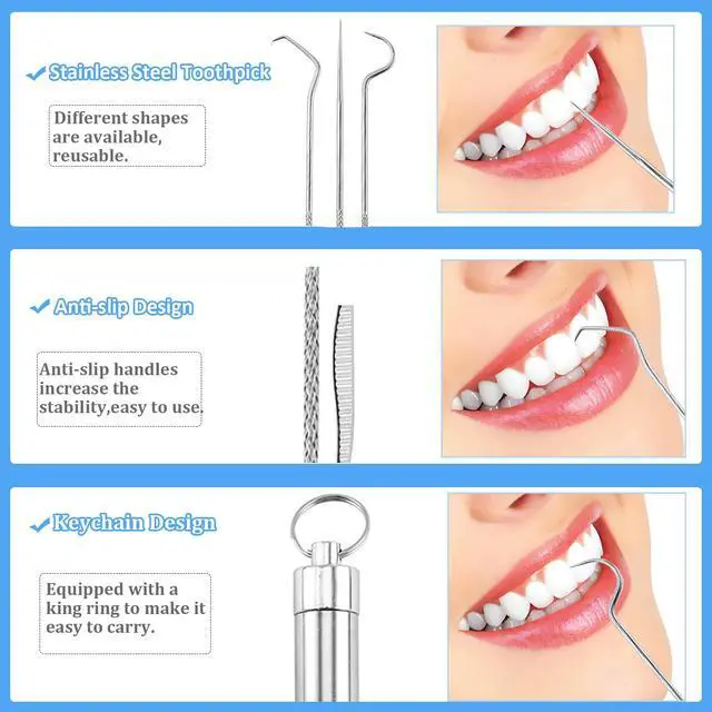 Alt view image 2 of 5 - Dental Teeth Pick 7 Pack Stainless Steel Toothpick Kit Dental Tools Tooth Stains Remover Dental Floss Ficks Teeth Cleaning Tools with Holder for for Outdoor Picnic, Camping, Travel