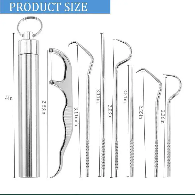 Alt view image 3 of 5 - Dental Teeth Pick 7 Pack Stainless Steel Toothpick Kit Dental Tools Tooth Stains Remover Dental Floss Ficks Teeth Cleaning Tools with Holder for for Outdoor Picnic, Camping, Travel