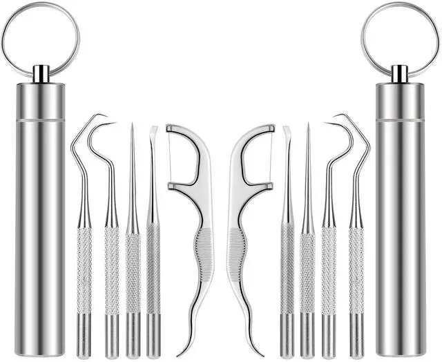 Main image of 2Sets 5Pcs Toothpicks Rough Handle Tooth Picker Stainless Steel Dental Floss Picks Pocket Set Reusable Flossers for Adults Portable Teeth Cleaning Travel Oral Care Plaque Remover