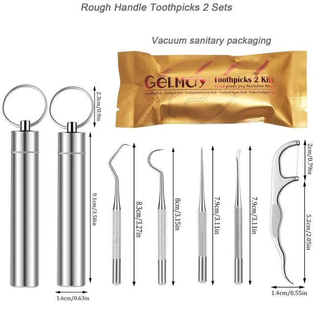Alt view image 2 of 7 - 2Sets 5Pcs Toothpicks Rough Handle Tooth Picker Stainless Steel Dental Floss Picks Pocket Set Reusable Flossers for Adults Portable Teeth Cleaning Travel Oral Care Plaque Remover
