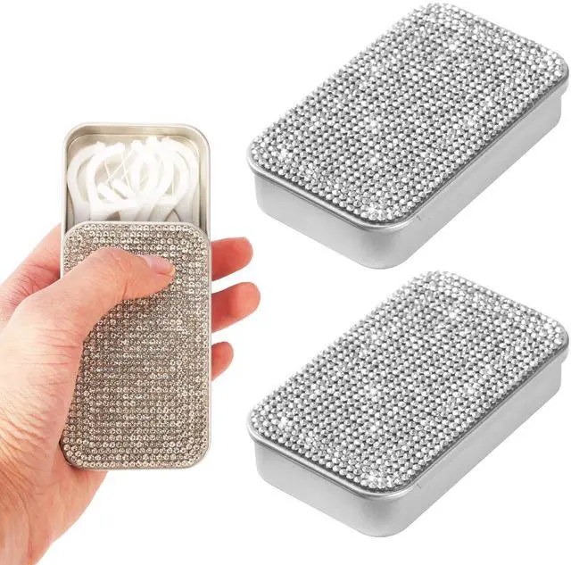 Main image of 2Pcs Bling Dental Floss Holder,Portable & Refillable Floss Pick Holders, Metal Tin Box Case for Q-tip,Cotton Swab(White)