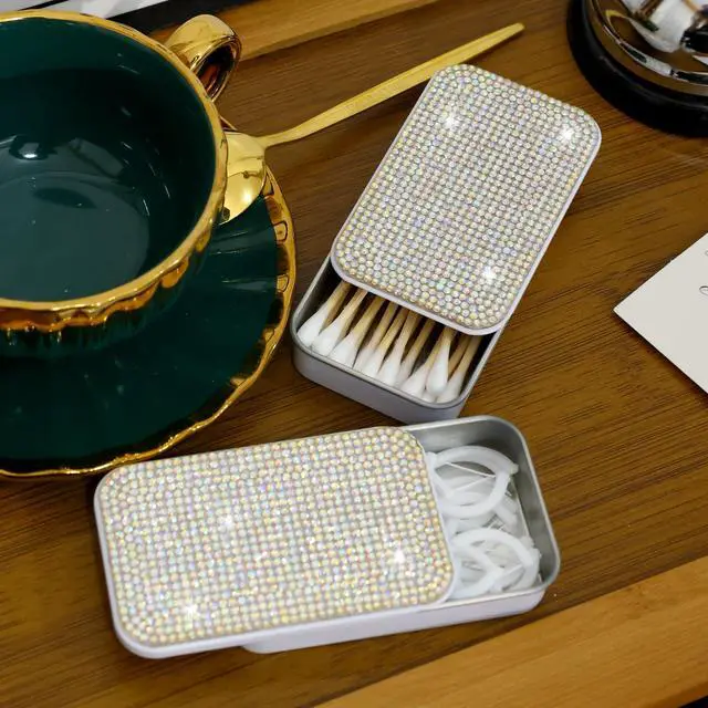 Alt view image 2 of 7 - 2Pcs Bling Dental Floss Holder,Portable & Refillable Floss Pick Holders, Metal Tin Box Case for Q-tip,Cotton Swab(White)
