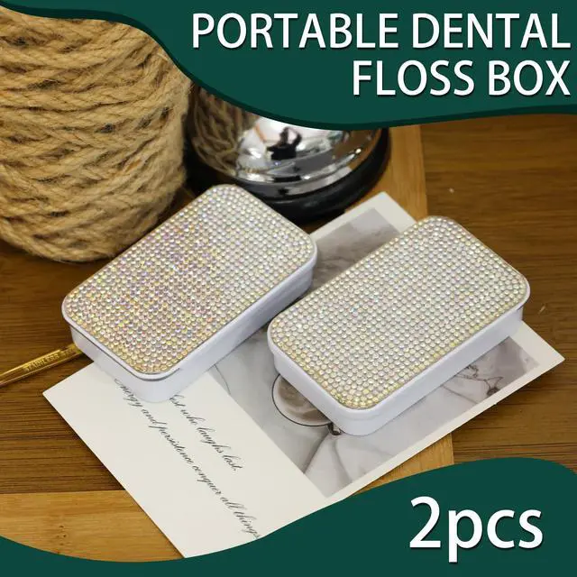 Alt view image 7 of 7 - 2Pcs Bling Dental Floss Holder,Portable & Refillable Floss Pick Holders, Metal Tin Box Case for Q-tip,Cotton Swab(White)