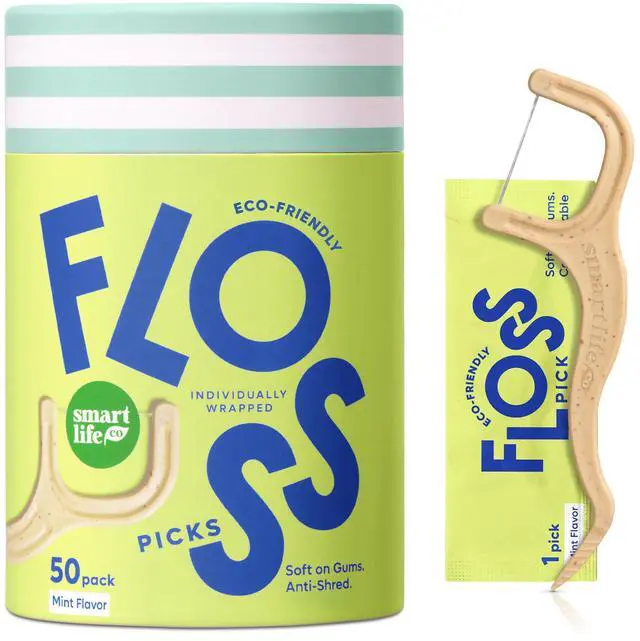 Main image of Individually Wrapped Dental Floss Picks (50ct) - Eco-Friendly Flosser Handle Made with Straw Wheat Blend | Great for Travel | PFA Free | Toothpick Stick Soft On Gums & Teeth | Vegan | Mint