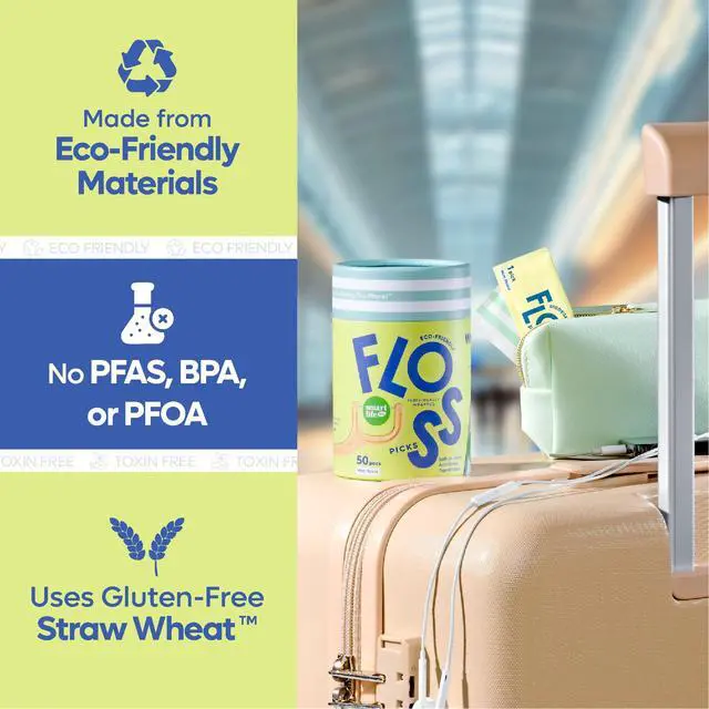Alt view image 3 of 7 - Individually Wrapped Dental Floss Picks (50ct) - Eco-Friendly Flosser Handle Made with Straw Wheat Blend | Great for Travel | PFA Free | Toothpick Stick Soft On Gums & Teeth | Vegan | Mint