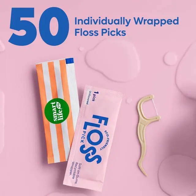 Alt view image 6 of 7 - Individually Wrapped Dental Floss Picks (50ct) - Eco-Friendly Flosser Handle Made with Straw Wheat Blend | Great for Travel | PFA Free | Toothpick Stick Soft On Gums & Teeth | Vegan | Mint