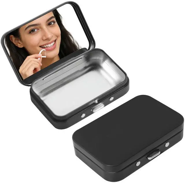 Main image of 2Pack Dental Floss Case with Mirror, Refillable Metal Floss Pick Holder, Portable Small Dispenser for Travel, Dining, Hotel - Black