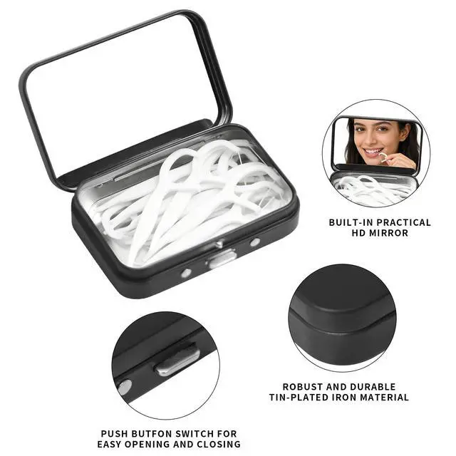 Alt view image 5 of 7 - 2Pack Dental Floss Case with Mirror, Refillable Metal Floss Pick Holder, Portable Small Dispenser for Travel, Dining, Hotel - Black