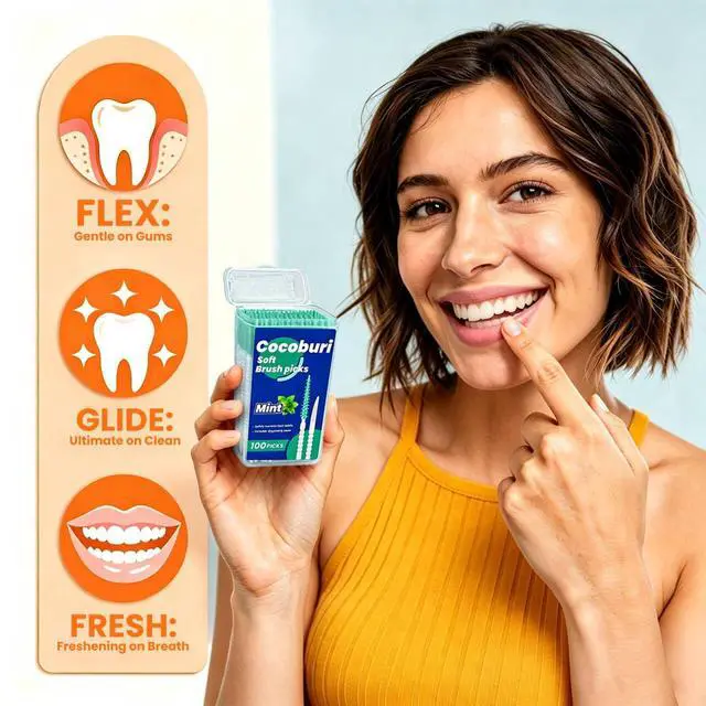 Alt view image 7 of 7 - Soft Silicone Interdental Brushes and Dental Picks,BPA Free | Soft Rubber Bristles for Plaque Removal,Ended Disposable toothpicks,Comes with a Travel Case for On-The-Go Use, Mint , 100 Ct