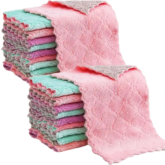 Main image of Reusable Microfiber Kitchen Cleaning Cloths Super Absorbent, Quick-Drying Dish Towels for Kitchen Car Furniture Bowl Tea. 10.6" x 6.3" Coral Velvet Dishcloths Lint-Free Machine Washable 20 Pack Rags