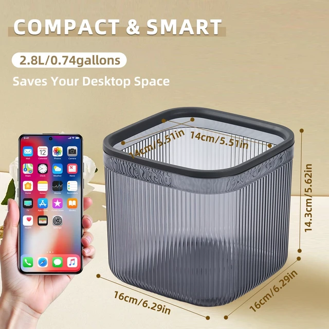 Alt view image 3 of 6 - Small Desktop Trash Can, 0.74 Gal/2.8L Open-Top Waste Basket, Clear Gray | Durable PET Material | Open-Top Design for Quick Disposal | Ideal for Office Desk, Bathroom Counter, Vanity & Bedside Table