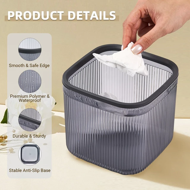 Alt view image 4 of 6 - Small Desktop Trash Can, 0.74 Gal/2.8L Open-Top Waste Basket, Clear Gray | Durable PET Material | Open-Top Design for Quick Disposal | Ideal for Office Desk, Bathroom Counter, Vanity & Bedside Table
