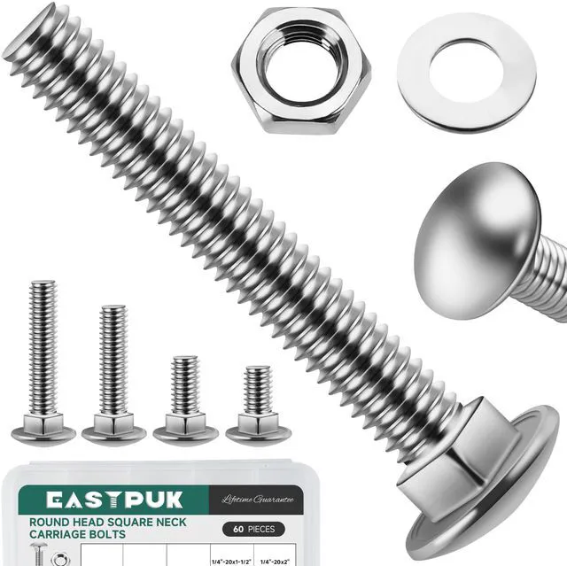 Main image of 60Pcs 1/4-20 Carriage Bolts Assortment Kit with Nuts and Washers, 304 Stainless Steel Round Head Square Neck 1/4 Carriage Bolts and Nuts Kit, Full Thread for Outdoor