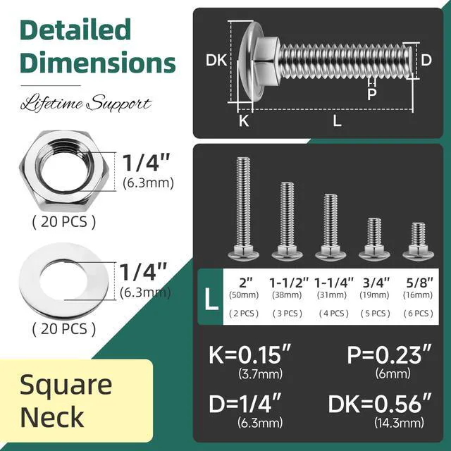 Alt view image 2 of 7 - 60Pcs 1/4-20 Carriage Bolts Assortment Kit with Nuts and Washers, 304 Stainless Steel Round Head Square Neck 1/4 Carriage Bolts and Nuts Kit, Full Thread for Outdoor