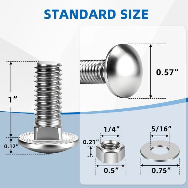 Alt view image 2 of 6 - 1/4-20 x 1 Carriage Bolt Kit, Carriage Bolts with Nuts and Washers, Round Head Square Neck, 304 Stainless Steel, Full Thread, 12 Sets