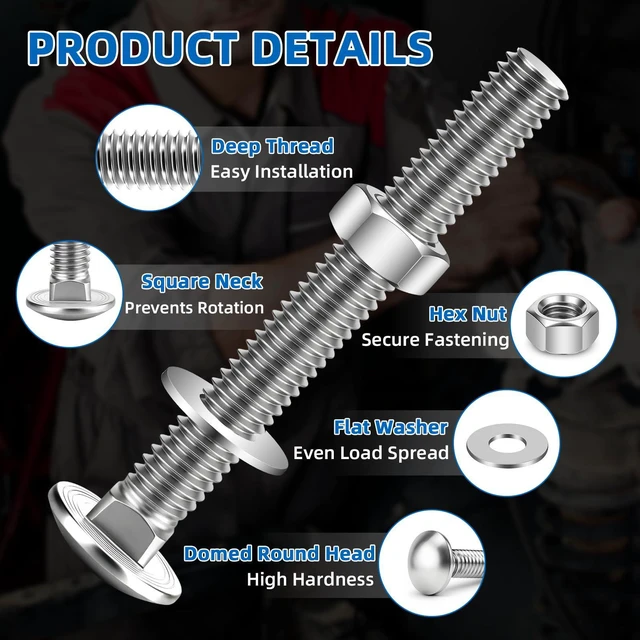 Alt view image 3 of 6 - 1/4-20 x 1 Carriage Bolt Kit, Carriage Bolts with Nuts and Washers, Round Head Square Neck, 304 Stainless Steel, Full Thread, 12 Sets