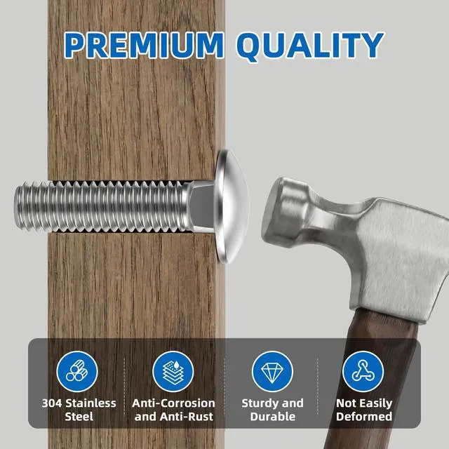 Alt view image 4 of 6 - 1/4-20 x 1 Carriage Bolt Kit, Carriage Bolts with Nuts and Washers, Round Head Square Neck, 304 Stainless Steel, Full Thread, 12 Sets