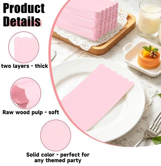 Alt view image 4 of 7 - 50 Pcs Light Pink Scalloped Dinner Napkins 2-ply Pink Scalloped Paper Bathroom Napkins Guest Disposable Hand Towels for Bathroom Wedding Birthday Baby Shower Party Paper Napkin