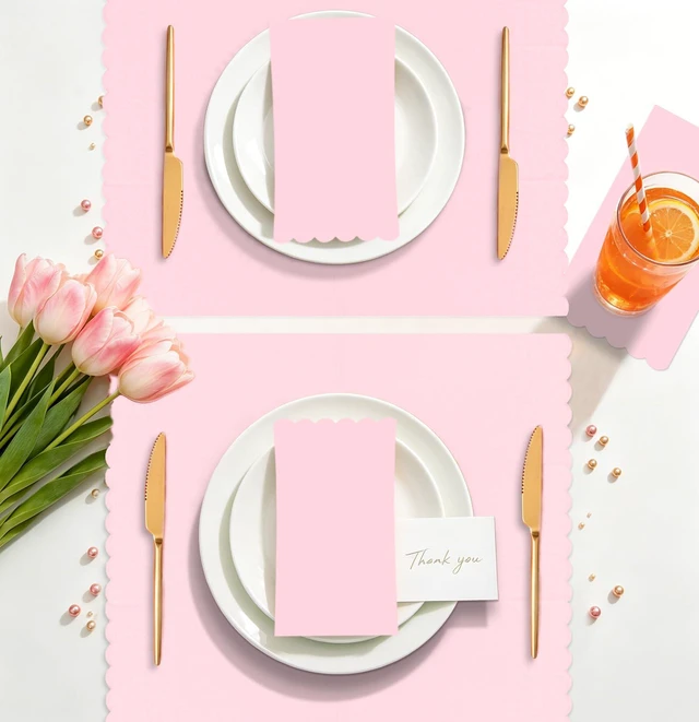 Alt view image 5 of 7 - 50 Pcs Light Pink Scalloped Dinner Napkins 2-ply Pink Scalloped Paper Bathroom Napkins Guest Disposable Hand Towels for Bathroom Wedding Birthday Baby Shower Party Paper Napkin