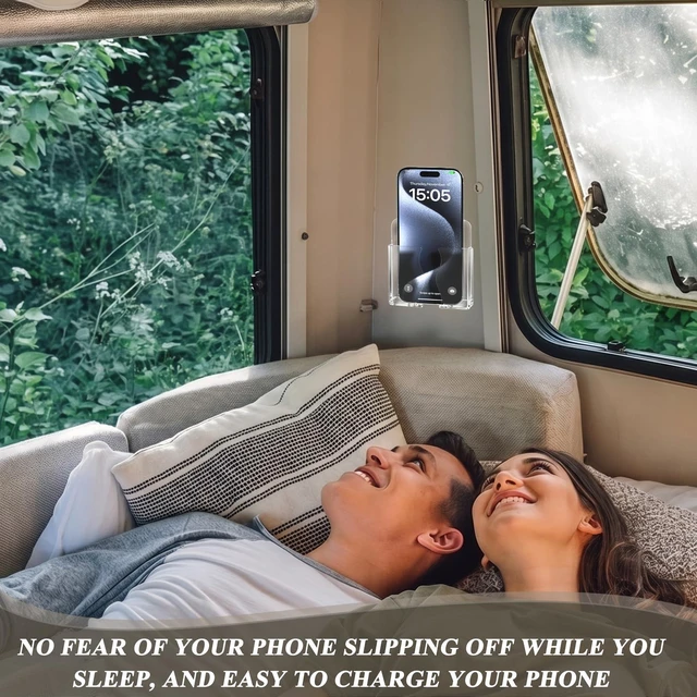 Alt view image 5 of 7 - 2 Pack Wall Phone Holder Phone Stand with Charging Hole (Clear) | Compatible with iPhone and Android, remote control stand, bedside phone holder, for home office boat rv accessories