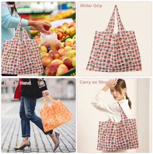 Alt view image 4 of 7 - Extra Large 50lbs Foldable Reusable Shopping Bags kitchen reusable grocery bags Washable Polyester Bags in Pocket(2 set, Pink Fruit)