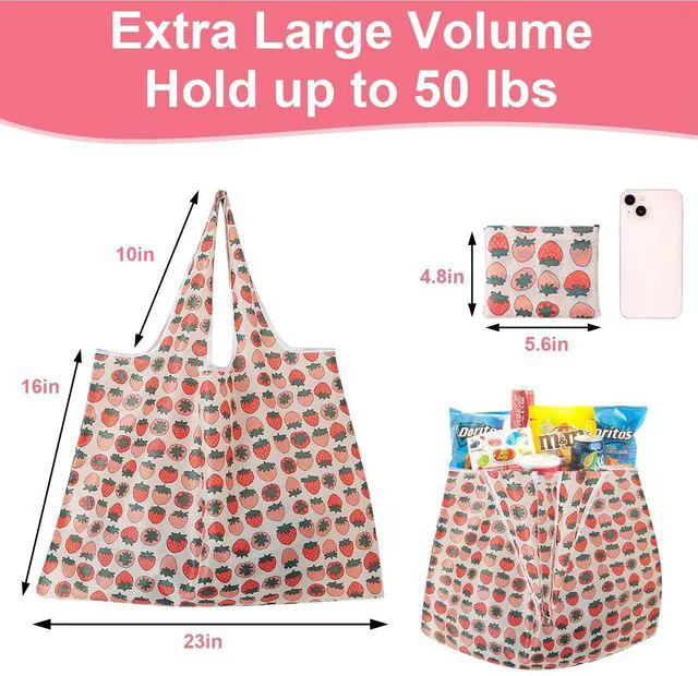 Alt view image 3 of 7 - Extra Large 50lbs Foldable Reusable Shopping Bags kitchen reusable grocery bags Washable Polyester Bags in Pocket(2 set, Pink Fruit)