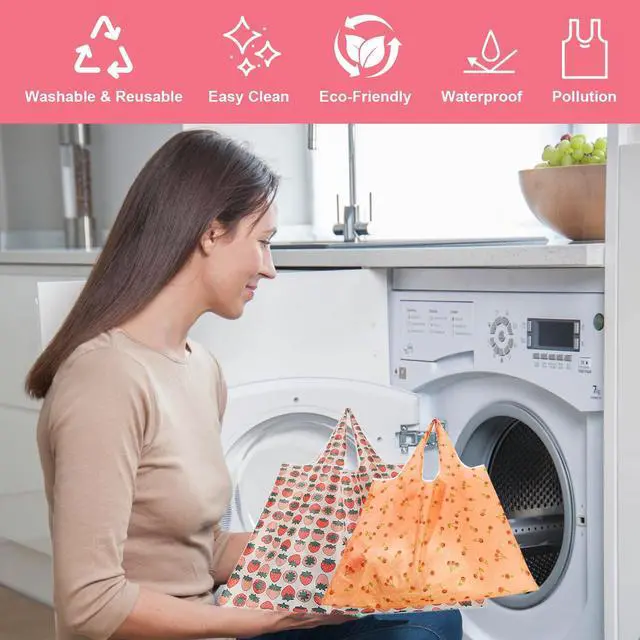 Alt view image 6 of 7 - Extra Large 50lbs Foldable Reusable Shopping Bags kitchen reusable grocery bags Washable Polyester Bags in Pocket(2 set, Pink Fruit)