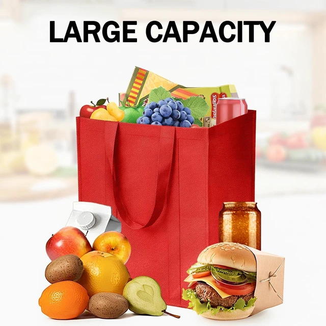 Alt view image 3 of 6 - 1 Pack Large Foldable Shopping Bag, Reusable Grocery Bag (Red) | 15"W x 12.5"H x 10"D, For Shopping, Non-woven Fabric, Washable, 40 LBS Capacity