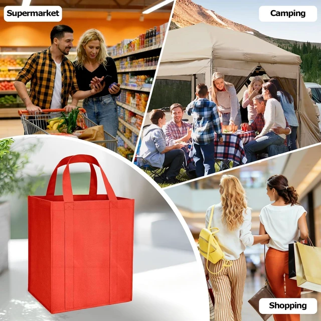 Alt view image 6 of 6 - 1 Pack Large Foldable Shopping Bag, Reusable Grocery Bag (Red) | 15"W x 12.5"H x 10"D, For Shopping, Non-woven Fabric, Washable, 40 LBS Capacity