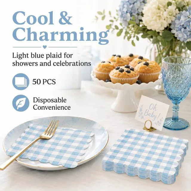 Alt view image 2 of 7 - 50PCS Blue Scalloped Gingham Paper Napkins | Light Blue and White Striped, Checkered Dessert Napkins, Disposable, Birthday Baby Shower Wedding Party