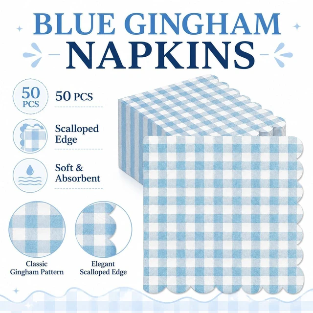 Alt view image 4 of 7 - 50PCS Blue Scalloped Gingham Paper Napkins | Light Blue and White Striped, Checkered Dessert Napkins, Disposable, Birthday Baby Shower Wedding Party
