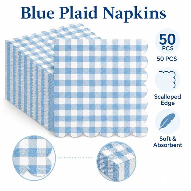 Alt view image 5 of 7 - 50PCS Blue Scalloped Gingham Paper Napkins | Light Blue and White Striped, Checkered Dessert Napkins, Disposable, Birthday Baby Shower Wedding Party