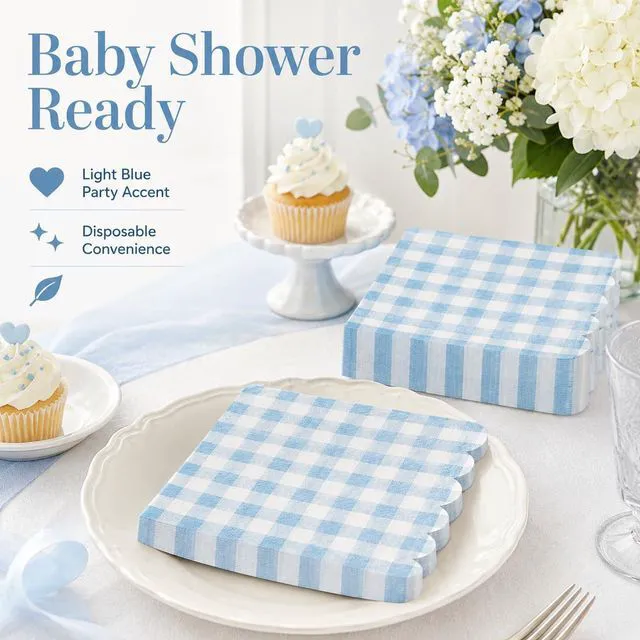 Alt view image 3 of 7 - 50PCS Blue Scalloped Gingham Paper Napkins | Light Blue and White Striped, Checkered Dessert Napkins, Disposable, Birthday Baby Shower Wedding Party