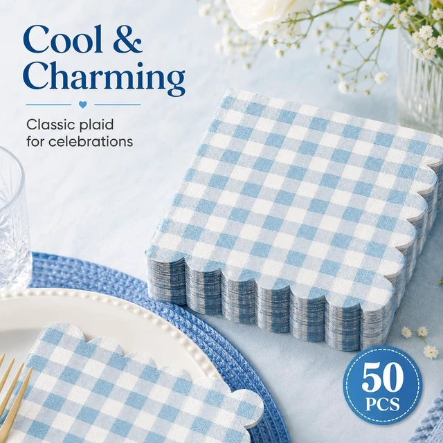Alt view image 7 of 7 - 50PCS Blue Scalloped Gingham Paper Napkins | Light Blue and White Striped, Checkered Dessert Napkins, Disposable, Birthday Baby Shower Wedding Party