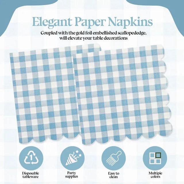 Alt view image 6 of 7 - 50PCS Blue Scalloped Gingham Paper Napkins | Light Blue and White Striped, Checkered Dessert Napkins, Disposable, Birthday Baby Shower Wedding Party