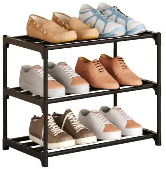 Main image of Metal Stackable Small Shoe Rack Organizer, Narrow Shoe Racks for Closets Entryway, Shoe Stand,Shoe Shelf with Handle (3-Tier-Black)