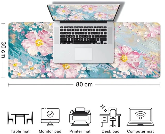 Alt view image 2 of 7 - Large Mouse Pad Mousepad, Pink Flowers in a Blue Desk Mats for Desktop, Watercolor Beautiful Floral Laptop Computer Desk Pad, Non-Slip Rubber Base Desktop Mat, 31.5 x 11.8 inches