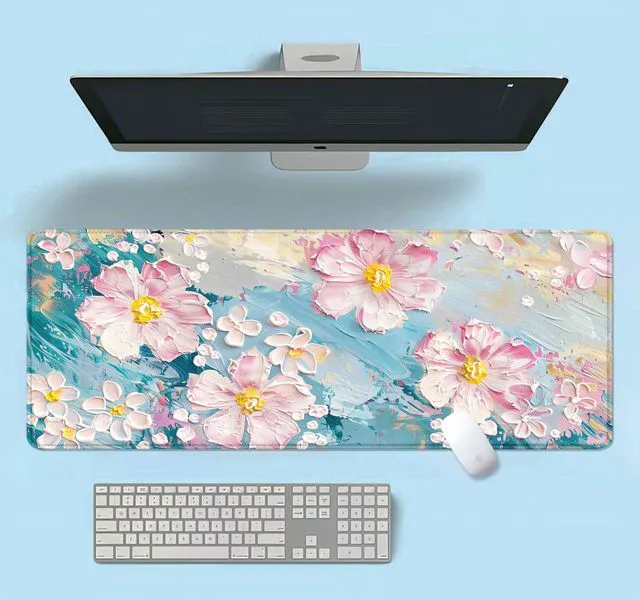 Alt view image 5 of 7 - Large Mouse Pad Mousepad, Pink Flowers in a Blue Desk Mats for Desktop, Watercolor Beautiful Floral Laptop Computer Desk Pad, Non-Slip Rubber Base Desktop Mat, 31.5 x 11.8 inches