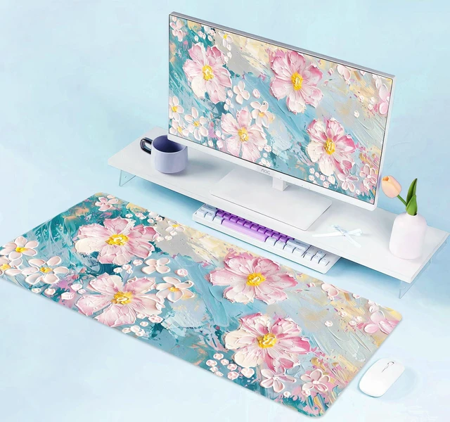Alt view image 6 of 7 - Large Mouse Pad Mousepad, Pink Flowers in a Blue Desk Mats for Desktop, Watercolor Beautiful Floral Laptop Computer Desk Pad, Non-Slip Rubber Base Desktop Mat, 31.5 x 11.8 inches