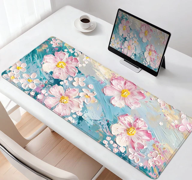 Alt view image 7 of 7 - Large Mouse Pad Mousepad, Pink Flowers in a Blue Desk Mats for Desktop, Watercolor Beautiful Floral Laptop Computer Desk Pad, Non-Slip Rubber Base Desktop Mat, 31.5 x 11.8 inches